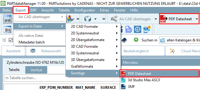 Export PDF Datasheet im PARTdataManager