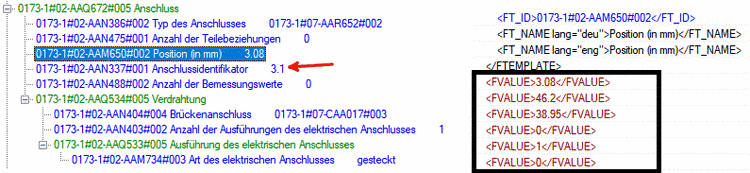 Eigenschaften Anschluss: Der Key AAM650 definiert Anschlussposition und Anschlussrichtung gem. ISO AXIS ID Datentyp Definition. Die Verknüpfung mit den logischen Anschlusseigenschaften erfolgt über den Anschlussidentifikator AAN337 (hier ID = 3:1).