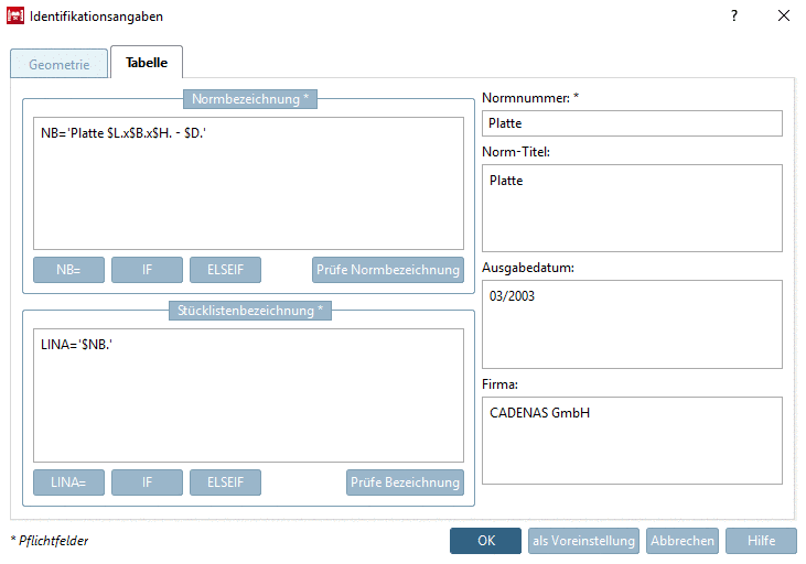 Identifikationsangaben - Registerseite "Tabelle"