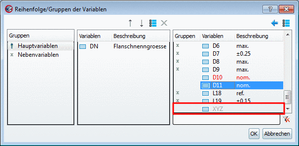 PARTproject: Eine neu hinzugefügte Variable wird zunächst im Dialogfenster Reihenfolge/Gruppen der Variablen in grauer Schriftfarbe dargestellt.