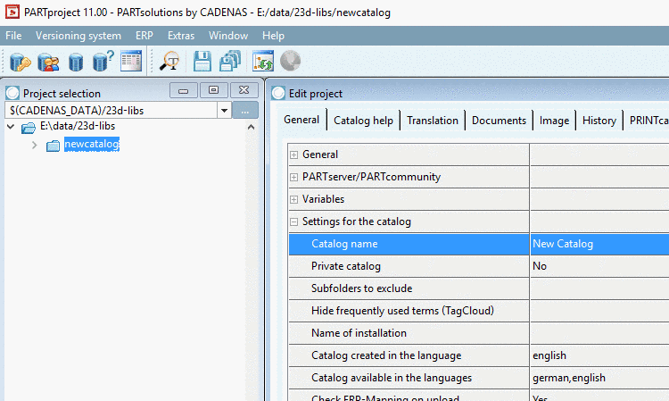 Edit project -> tabbed page General -> Settings for the catalog -> Catalog name