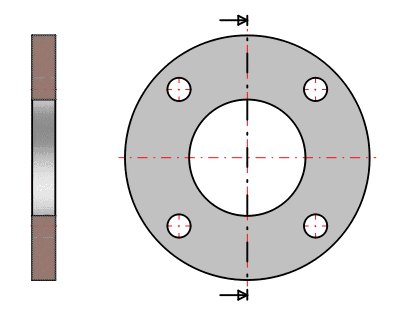Example: On the left side the top view on the sectional plane, on the right side a side view on the sectional plane. In the side view a dotdashed line is displayed to mark the plane, arrows show the direction of view.