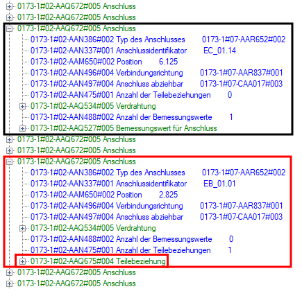 Typical example of accessory parts in eClass Advanced: The first marked connection (black) has no potential accessory parts. This is in contrary to the second connection (red), whose accessory parts are specified in the subfolder "AAQ675"" [Part relation/Teilebeziehung].