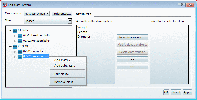 Dialog box: Edit class system