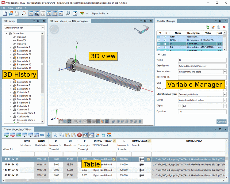 PARTdesigner with 3D History, 3D view, Variable Manager and Table