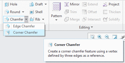 Creo 4.0 setting option; Edge Chamfer / Corner Chamfer