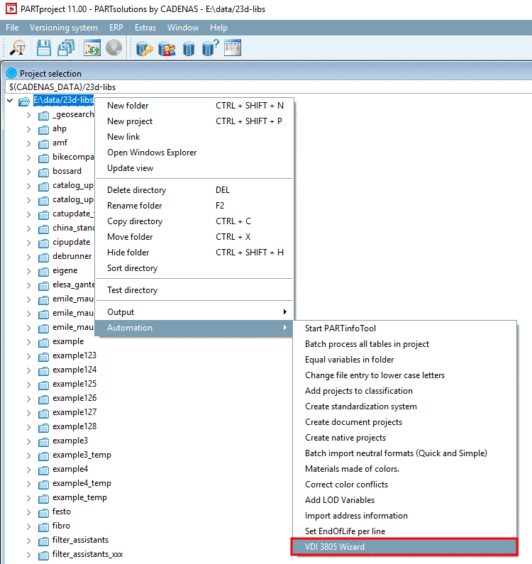 PARTproject index tree with context menu command "VDI 3805 Wizard"