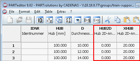 Columns for alternative dimensioning: "HUB2D" and "XHUB"