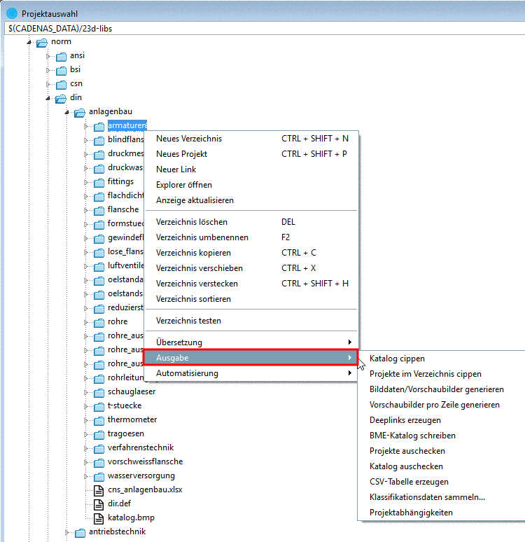 Context menu commands under "Output"
