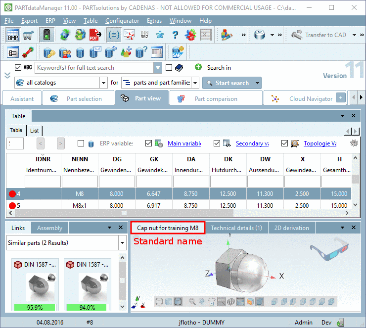 Standard name in PARTdataManager, in the tab of the docking window "3D view"