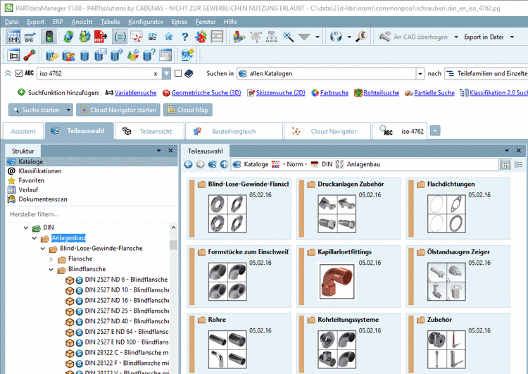 PARTdataManager with directory structure and part selection for the export to CAD
