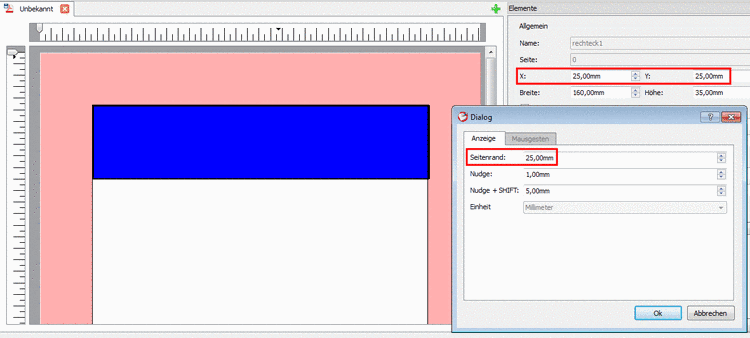 Example: The blue rectangle considers the margin and completely fills out the available width of the work area.