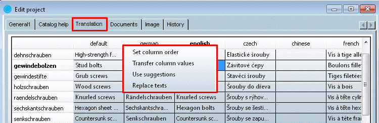 Table with context menu in the column header