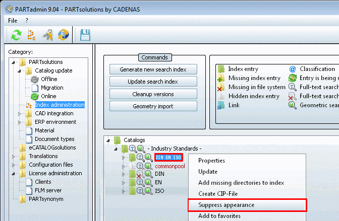 PARTadmin -> Category Index administration -> Context menu "DIN EN ISO" Suppress appearance