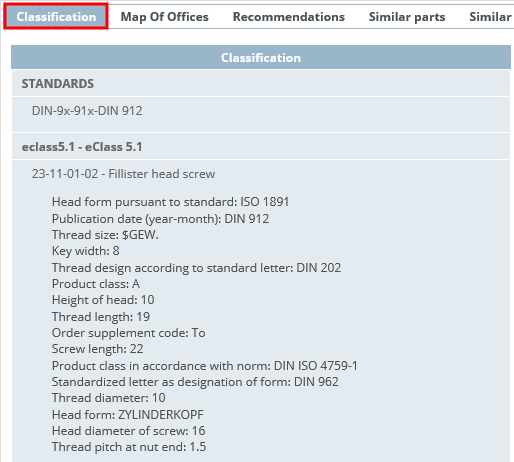 Example: Part classified according to STANDARDS and eClass 5.1