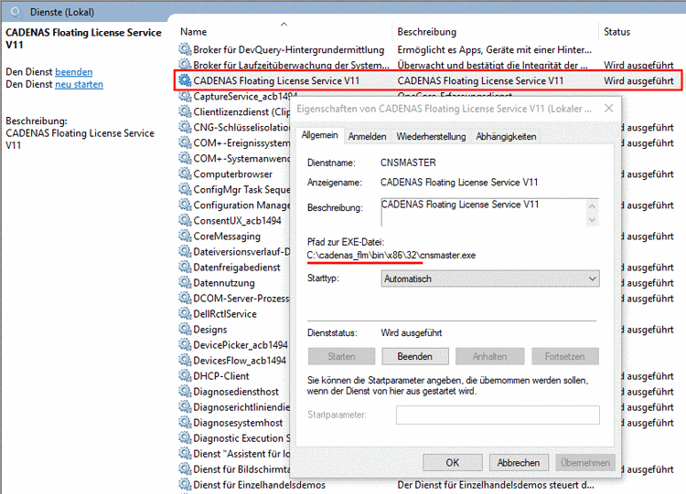 Unter Windows -> Services -> CADENAS Floating License Service V11 -> Kontextmenü "Properties" sehen Sie den Installationspfad des FLM-Servers.