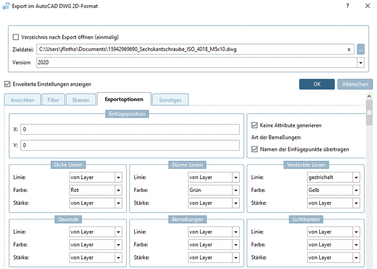 Beispiel: Export im AutoCAD DWG 2D Format