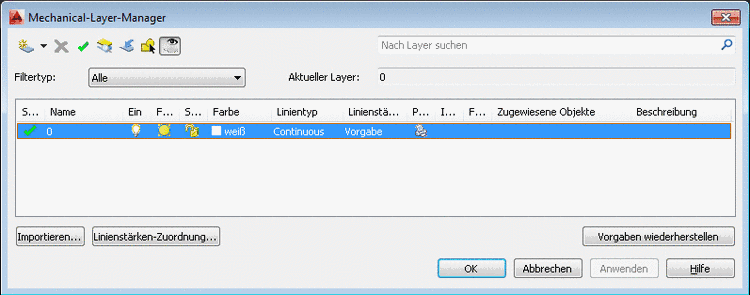 Mechanical-Layer-Manager: In AutoCAD ist nur Layer 0 vorhanden.