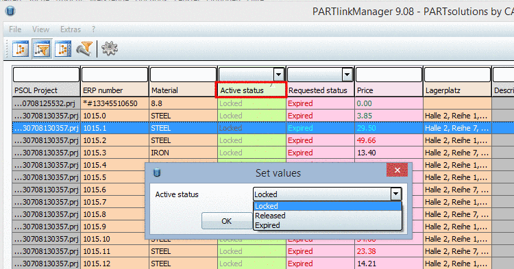 Values can be manually changed in PARTlinkManager -> Context menu of row(s) -> Felder setzen