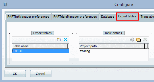 PARTlinkManager -> Extras menu -> ERP-Umgebung konfigurieren -> Exporttabellen tabbed page
