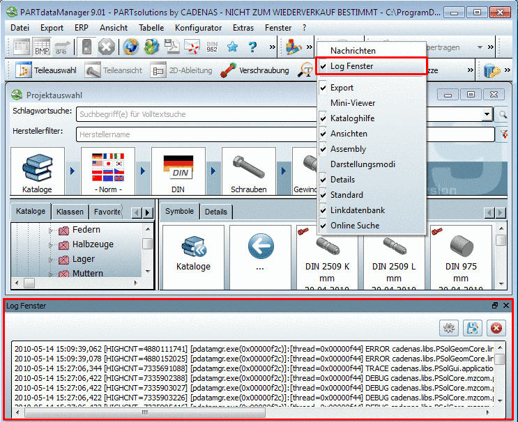 Beispiel PARTdataManager: Log-FensterLog-Fenster