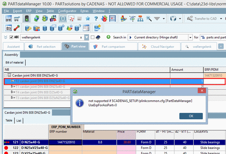 In the docking window "Assembly" a part within an assembly is selected. In this case adding an ERP number is not possible by default. The respective not is displayed.