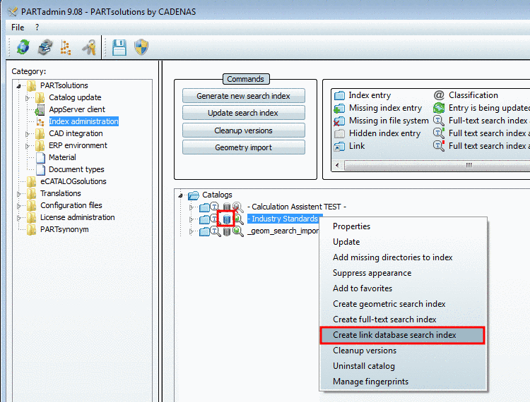 PARTadmin -> Index administration -> context menu command Create link database search index.