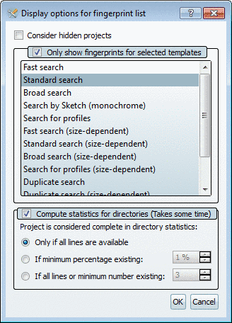 Display options for fingerprint list