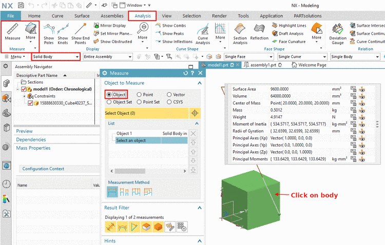 Beispiel aus NX 1899: Analysis > Measure > Selection Filter "Solid Body" > Measure dialog (Object) > click on body