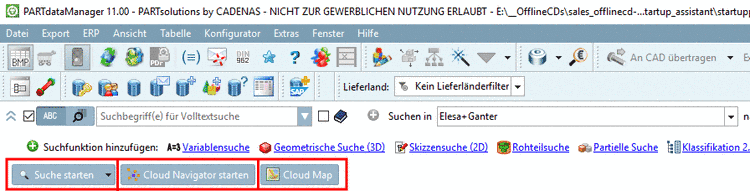 "Suche starten" oder "Cloud Navigator starten" oder "Cloud Map"