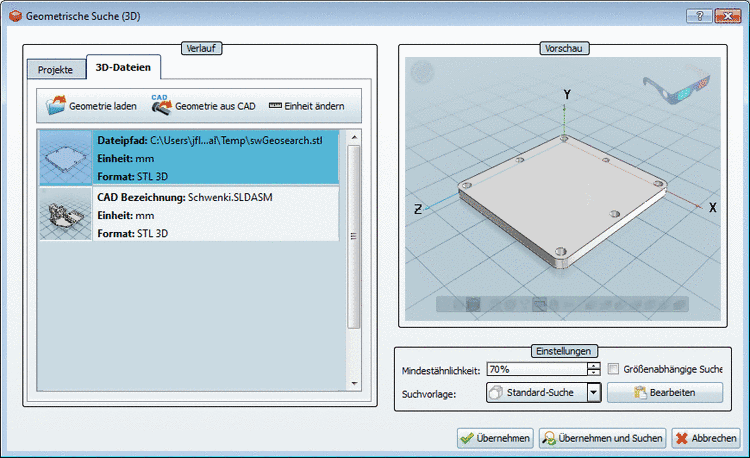 Dialogfenster "Geometrische Suche (3D)"