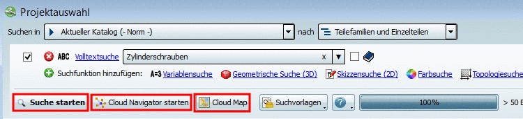 "Suche starten" oder "Cloud Navigator starten" oder "Cloud Map"