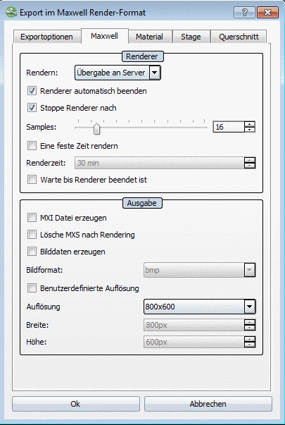 Dialogseite "Export im Maxwell Render-Format - Übergabe an Server
