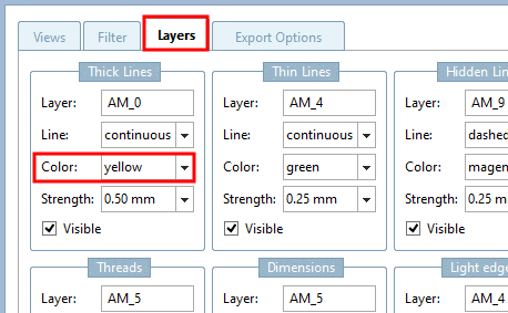 Example: "Thick lines" are mapped to layer "AM_0" and are stored in the dwg file in yellow.