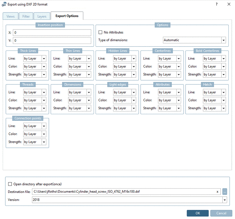 Tabbed page "Export options" - DXF 2D (binary)