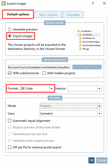 "Default options" tabbed page