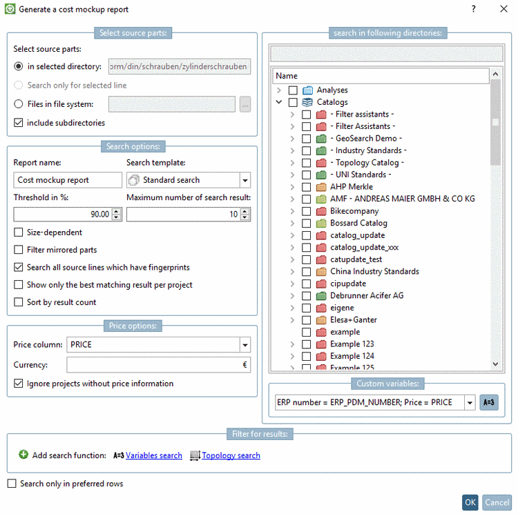 This figure exemplarily shows the setting options for the Cost mockup report.