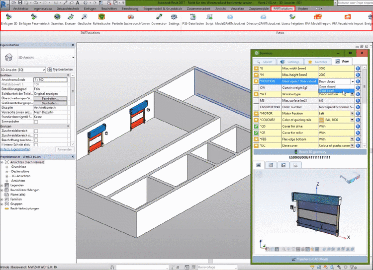 PARTsolutions menu in Revit, opened Seamless window with garage gate and gates placed in the building.