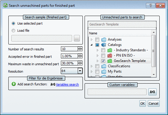 "Search unmachined parts for finished part" dialog box