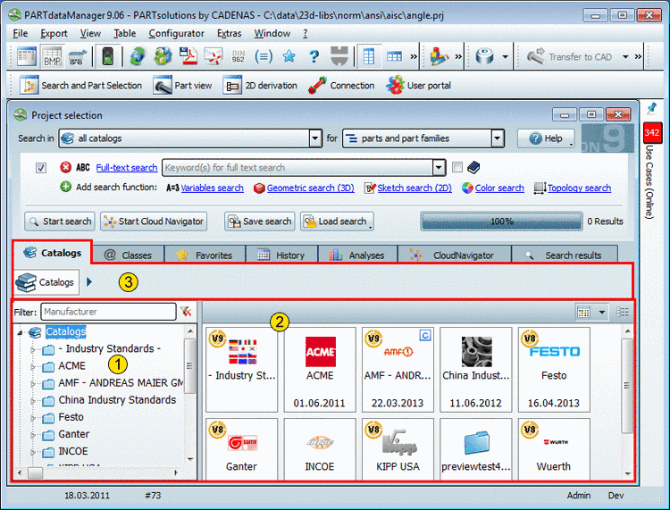 Example: In the figure on the left side the root directory "Catalogs" is selected. On the right side the single catalogs are displayed.