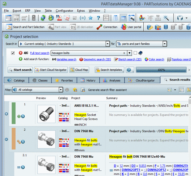 Search for "part families and parts" : Search results in Details mode: The search results are highlighted in yellow.