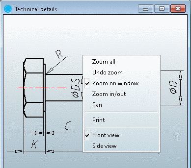 Context menu: Single part - 2D view - Technical details