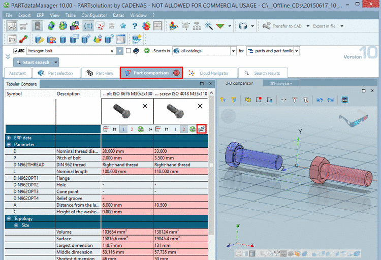 Parts can directly be transferred from the search results into the part comparison