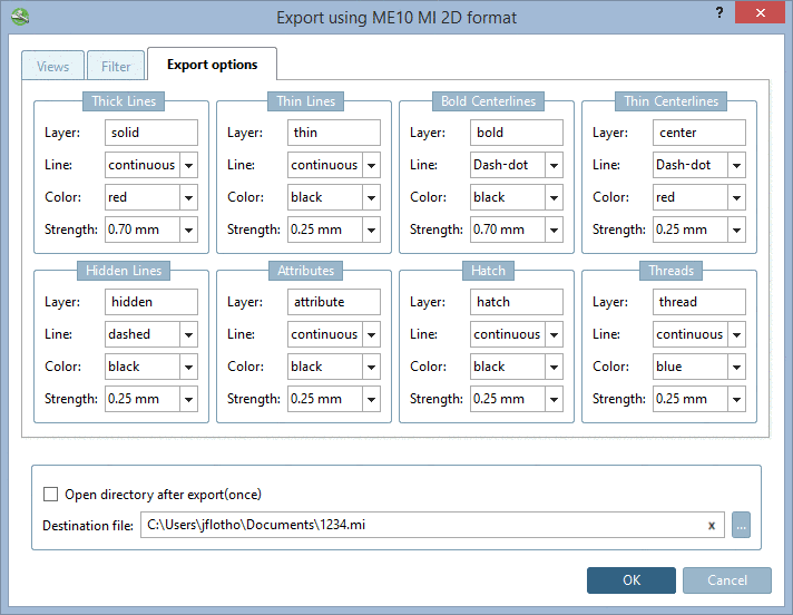 "Export options" tabbed page - ME10 MI 2D