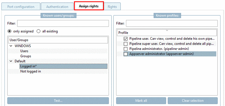 "Assign rights" tabbed page (only assigned)