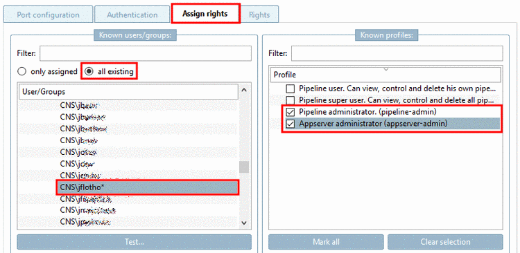 "Assign rights" tabbed page (all existing)