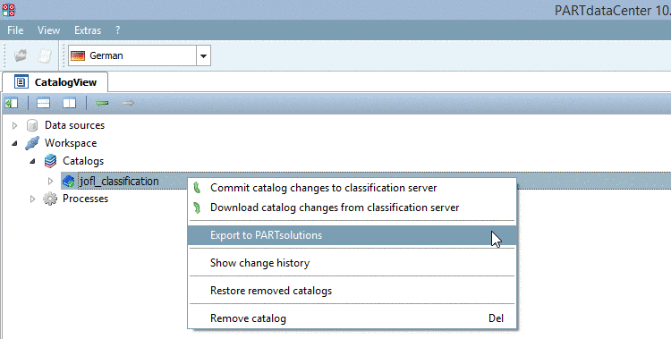 The command "Export to PARTsolutions" is only displayed if (on the server), in the key "catalogs" the value "export" is set.