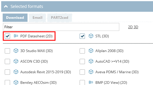 The format "PDF Datasheet (2D)" can be chosen in the "Download" or "Email" category.