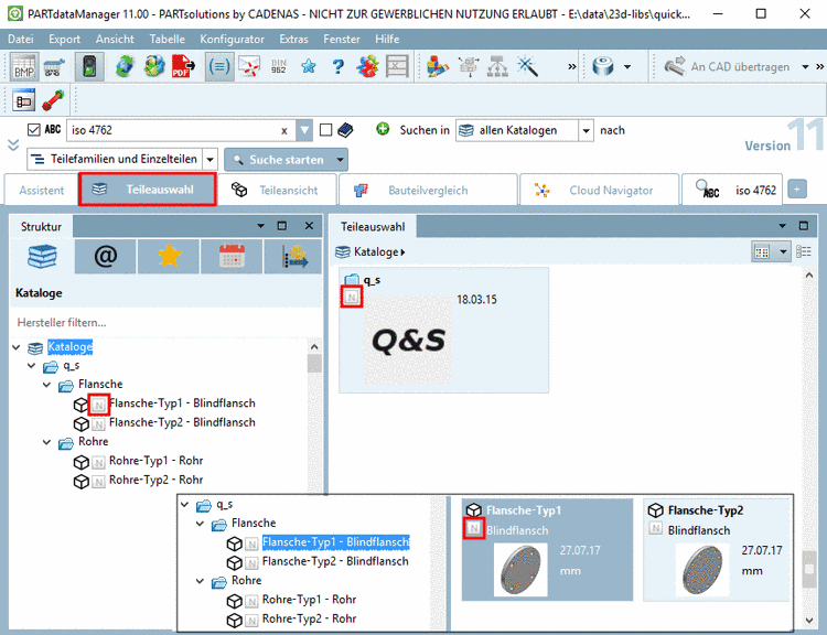 PARTdataManager Teileauswahl: Der Quick&Simple-Katalog (Neutral-Katalog) und die einzelnen Teile sind mit einem entsprechenden Icon gekennzeichnet.