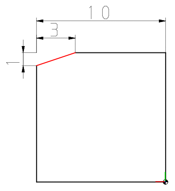 Beispiel in 2D: Fase mit Einstellung "Abstand 1" =3 und "Abstand 2" = 1 bei einer gesamten Kantenlänge des Würfels von 10